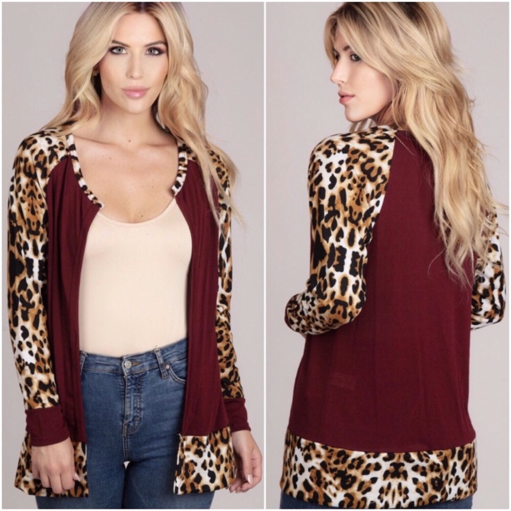 REDUCED Burgundy Cardigan Leopard Print Sleeve - Picture 3 of 5